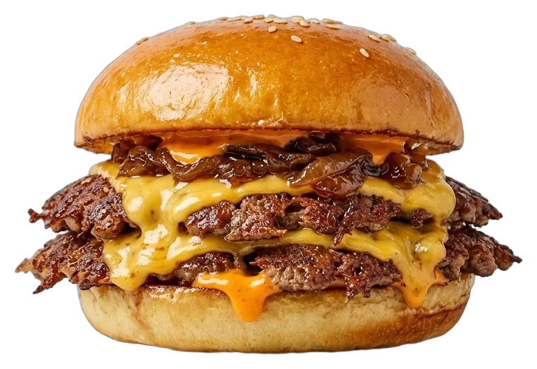 La Planchazo: doble carne smash con doble cheddar y cebolla (foto de ejemplo)