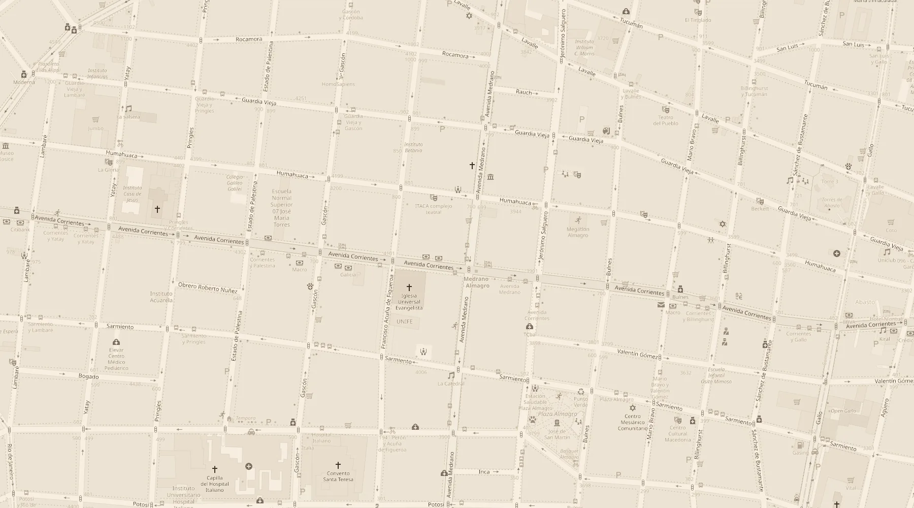 Mapa de Almagro con la esquina de Av. Corrientes y Medrano marcada